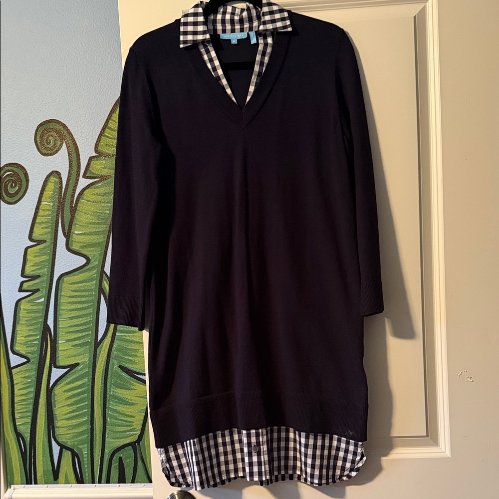 Draper James Navy V-Neck Sweater Dress with Checkered Collar